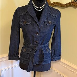 Ann Taylor LOFT  Blue Belted Jean Jacket with Pockets Size Small
